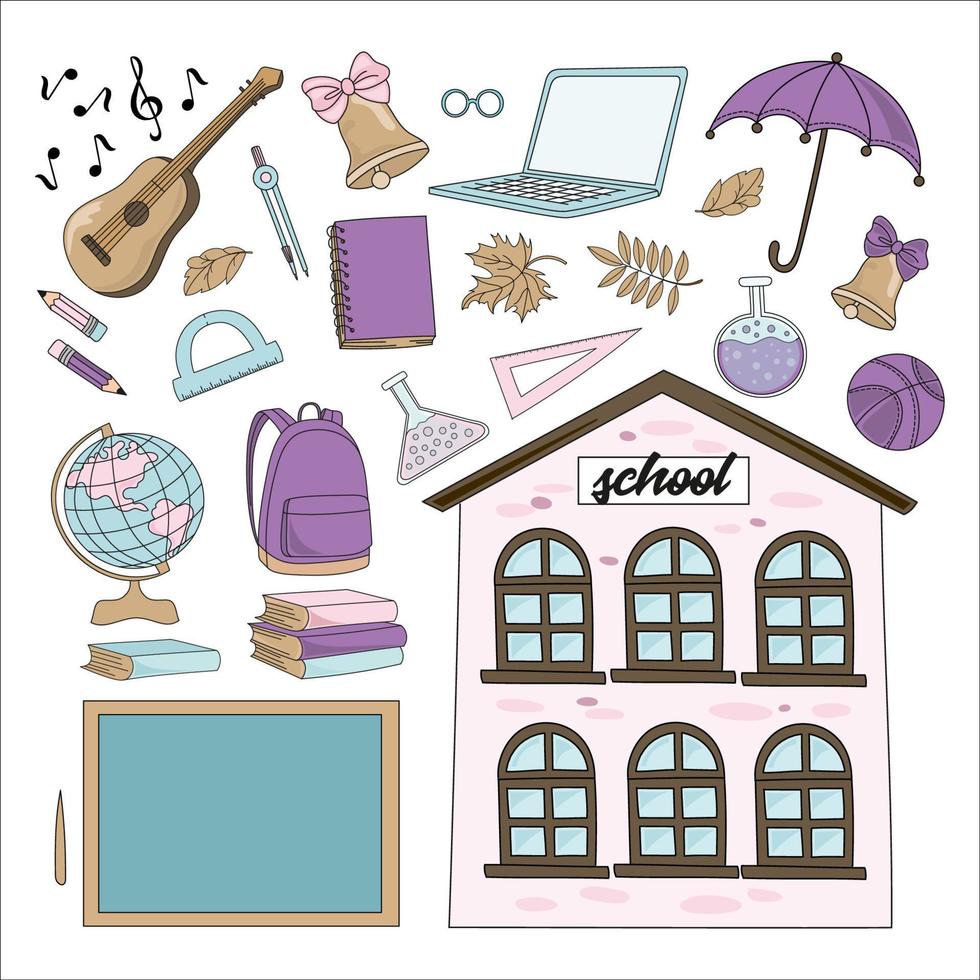 VIVAT SCHOOL Education Supplies Cartoon Vector Illustration Set