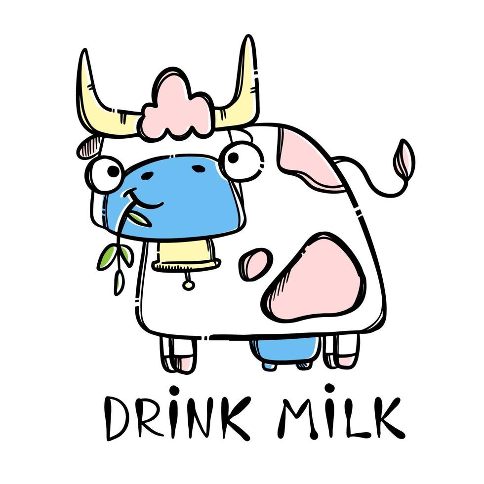 SMILING COW On Farm In Sketch Style Vector Illustration Set