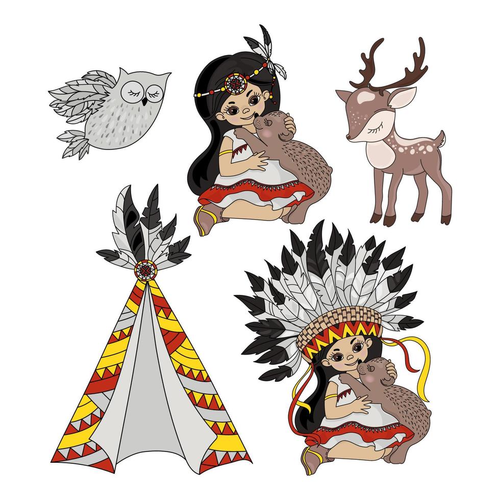 pocahontas vida indios niña mascotas vector ilustración conjunto