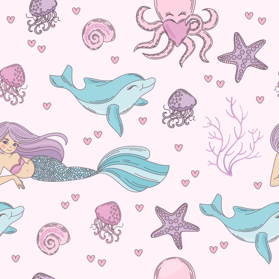 SEA MERMAID Princess Girl Seamless Pattern Vector Illustration