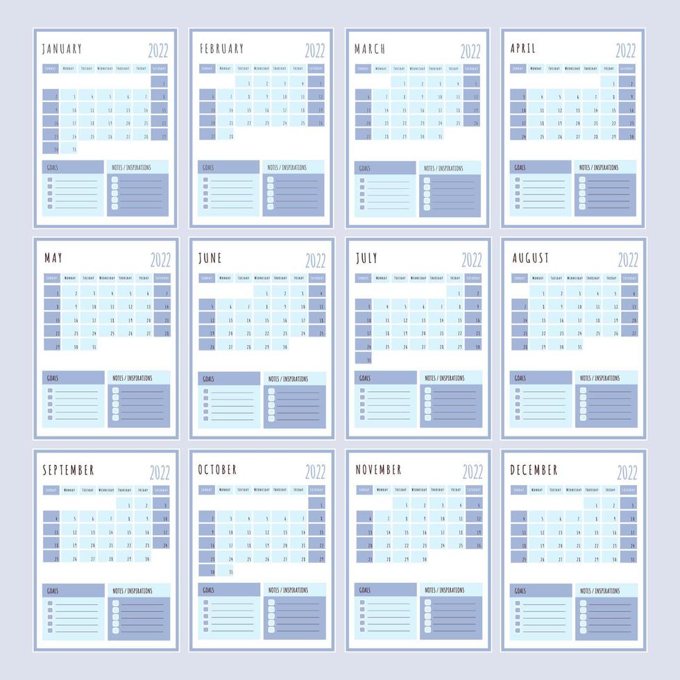 BLUE PLANNER 2022 Year Page Organizer Vector Illustration Set