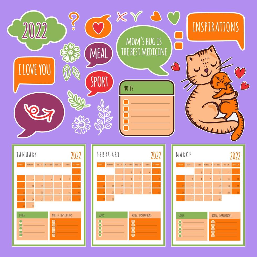 CAT PLANNER WINTER Printable Cutting Vector Illustration Set