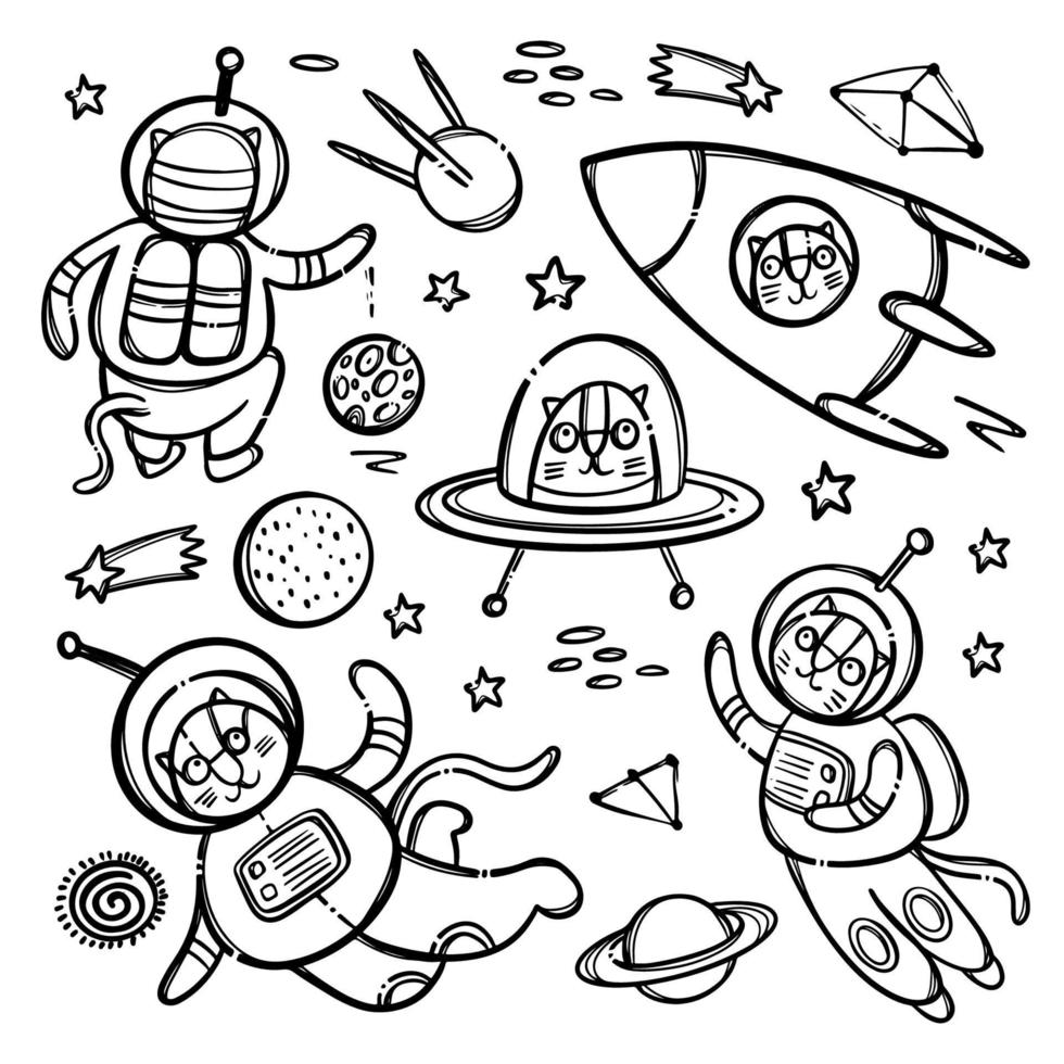 CAT SPACE MONOCHROME Traveling Animal Vector Illustration Set