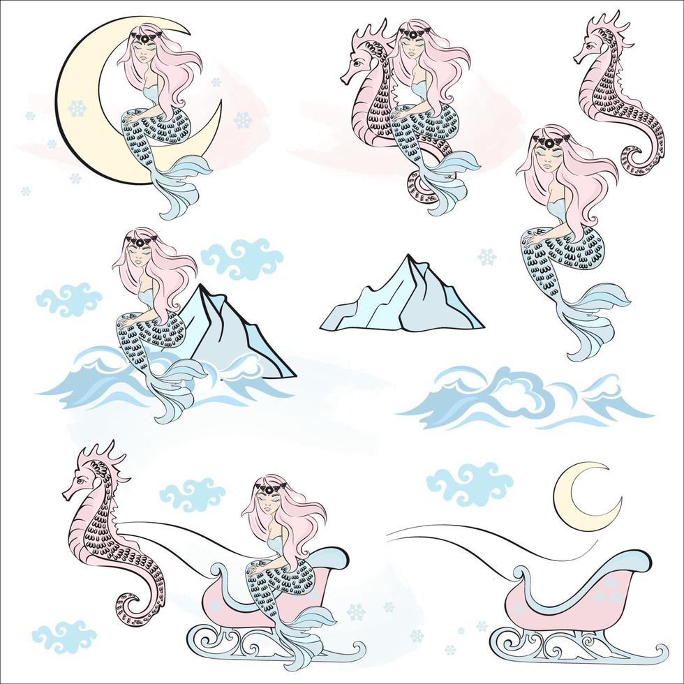 CHRISTMAS MERMAID CHARACTERS New Year Vector Illustration Set