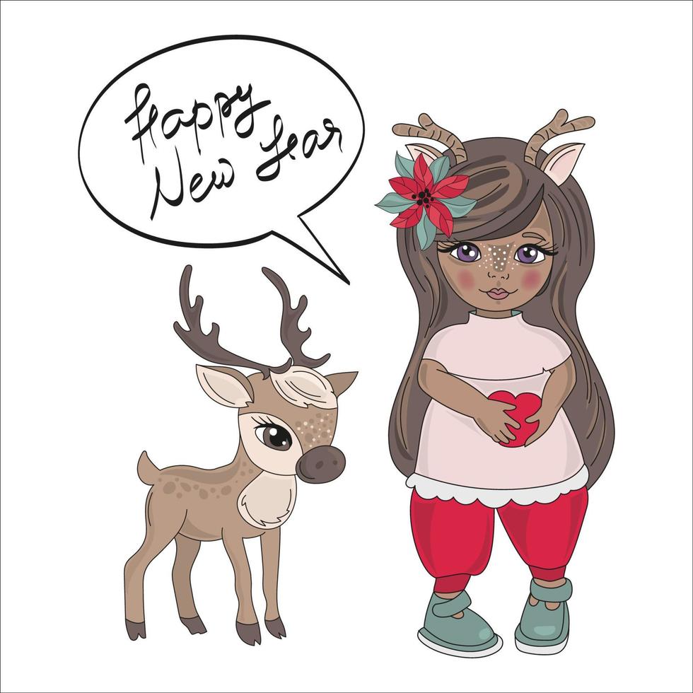 nuevo año niña alegre Navidad dibujos animados vector ilustración conjunto