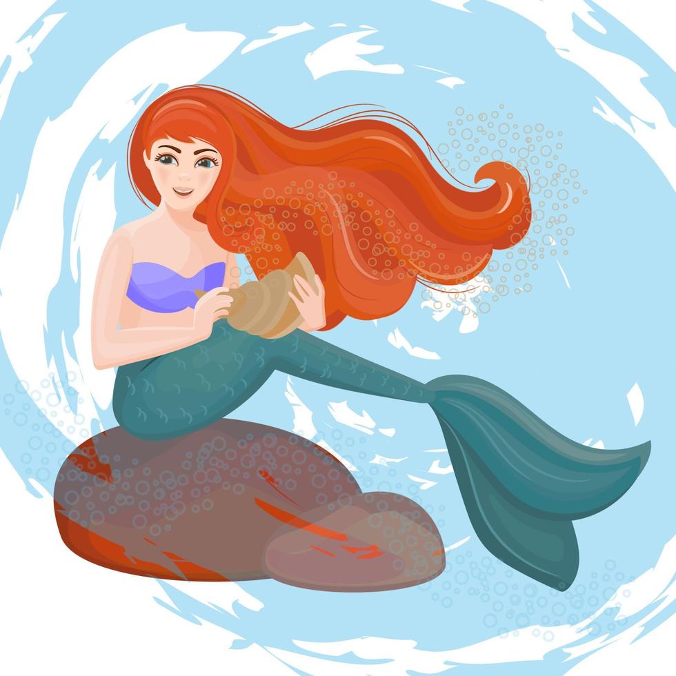 rojo peludo sirena submarino princesa vector ilustración conjunto