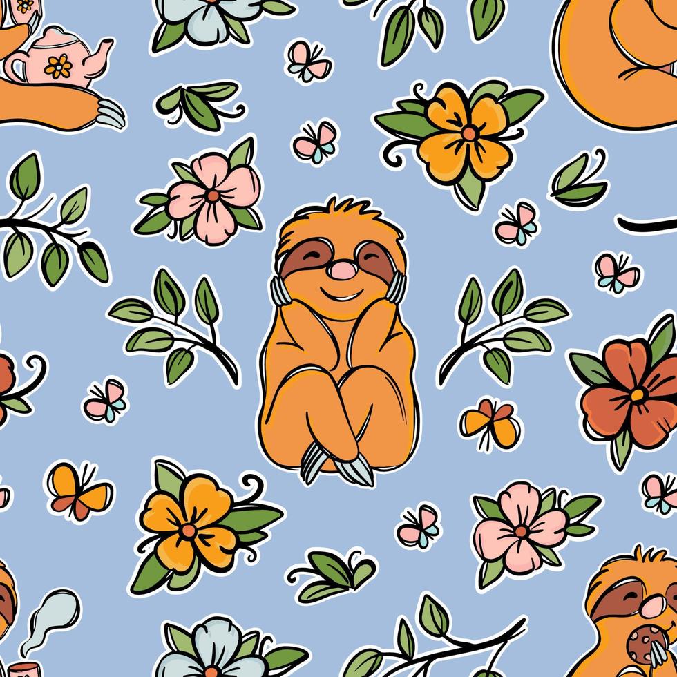 SLOTH FLOWER Cute Animal Sits On The Meadow Seamless Pattern vector