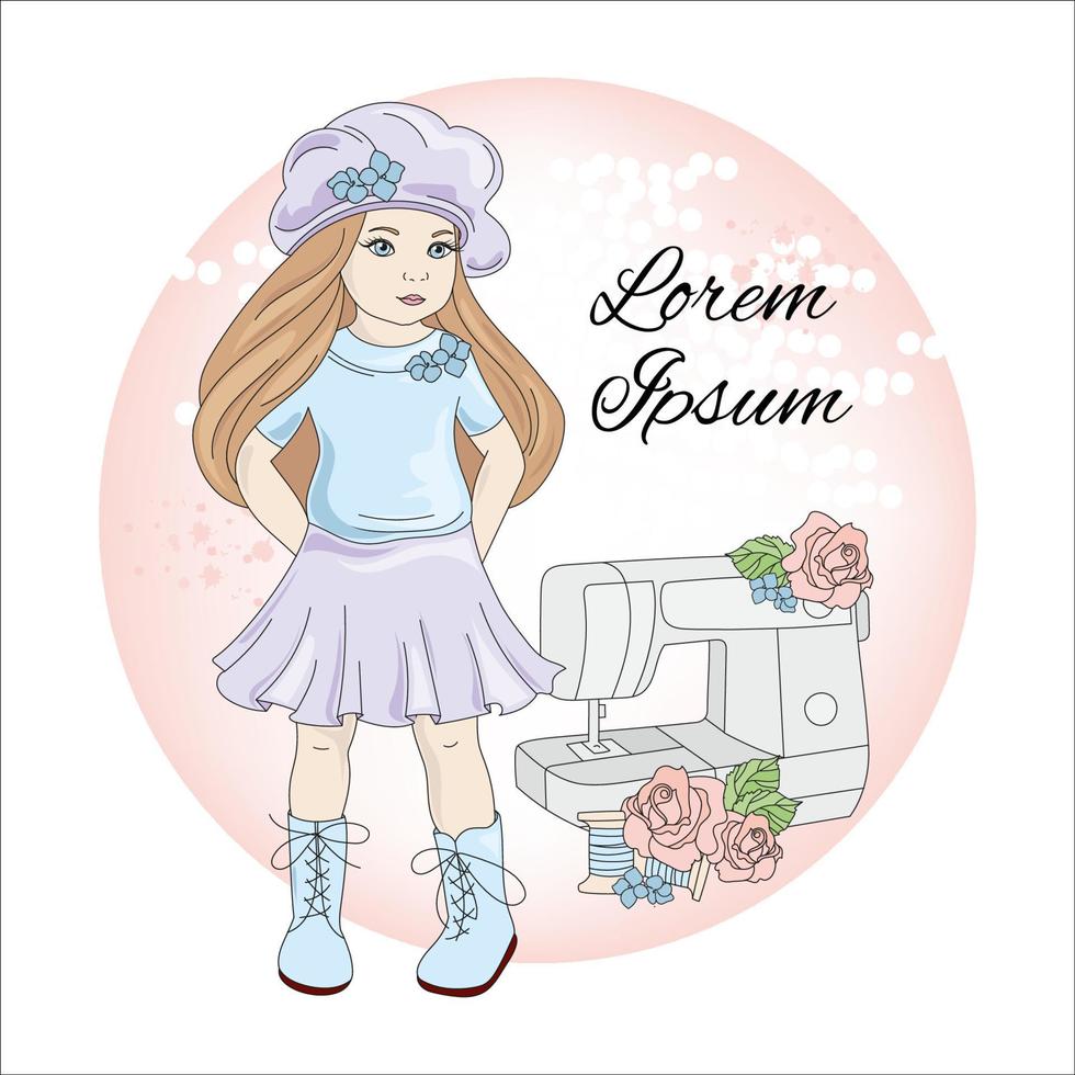 SEW GIRL Childrens Dressmaker Cartoon Vector Illustration Set