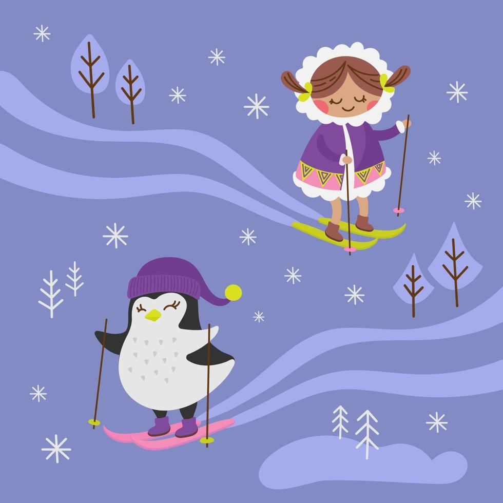 ártico fantasía invierno niña pingüino vector ilustración conjunto