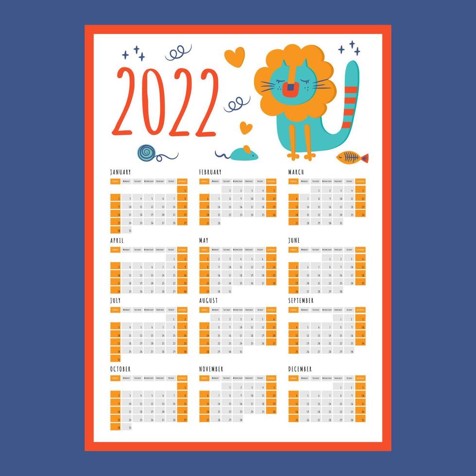 CAT LION CALENDAR 2022 Year Organizer Vector Illustration Set