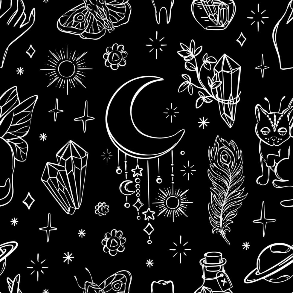 ALCHEMIC ELEMENTS Monochrome Witchcraft Seamless Pattern vector