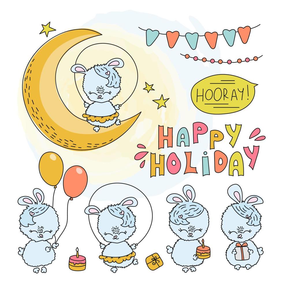 BUNNY BIRTHDAY Comic Cartoon Vector Illustration Set