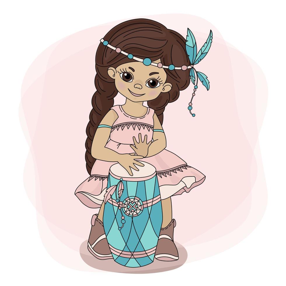pocahontas tambor princesa niña indios vector ilustración conjunto