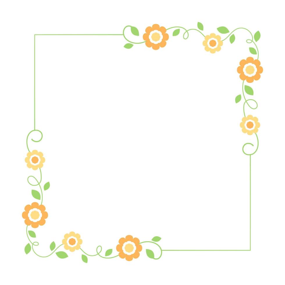 Cute botanical square frame. Hand drawn line border, leaves and flowers, wedding invitation and cards, logo design and posters template. Elegant minimal style floral vector isolated