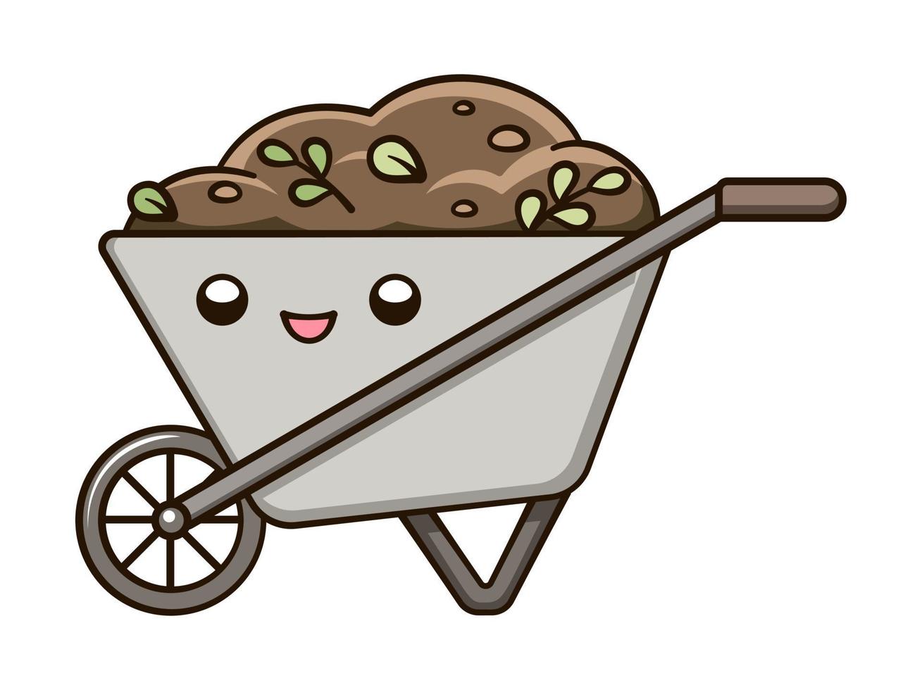 Kawaii wheelbarrow with dirt soil cute cartoon illustration. Gardening farming agriculture clipart. vector