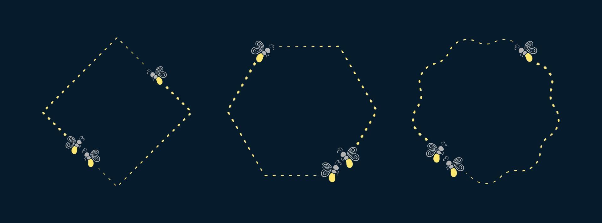 Glowing firefly frame clipart collection. Fireflies flying trail border template with copy space. vector