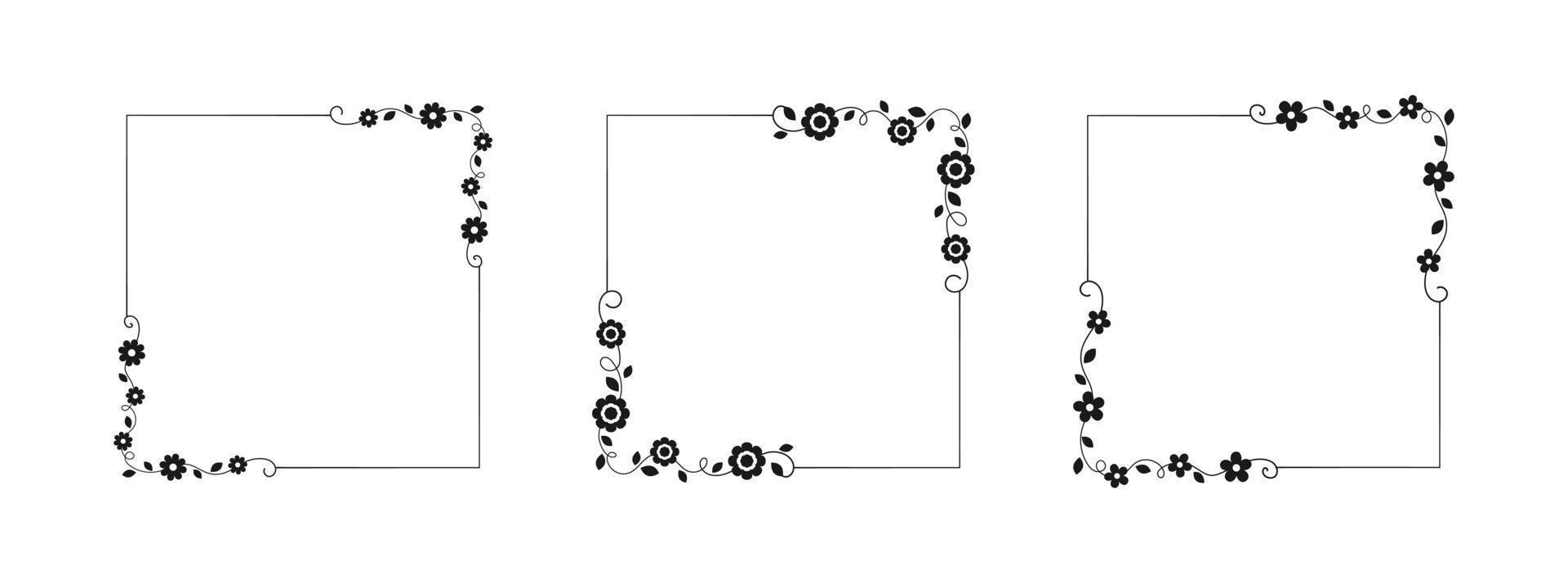 Botanical square frame set. Hand drawn line border, leaves and flowers, wedding invitation and cards, logo design and posters template. Elegant minimal style floral vector isolated