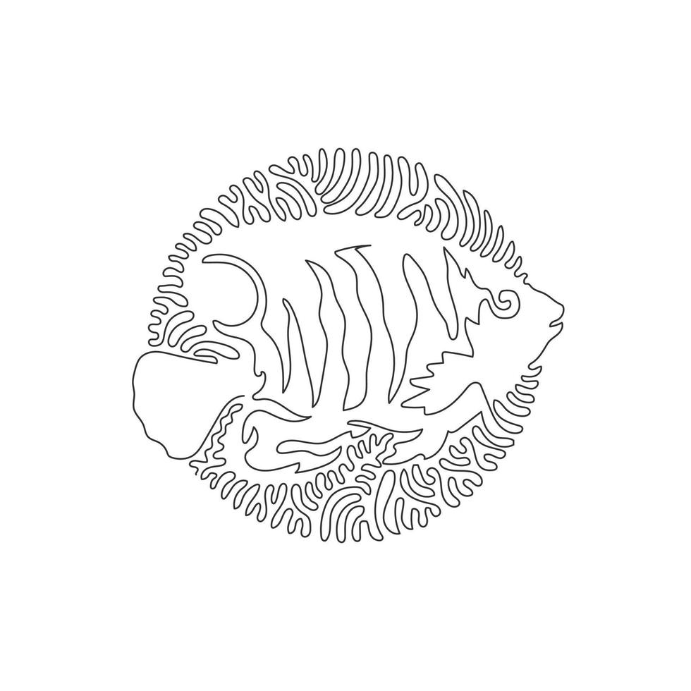 Continuous one curve line drawing of aggressive angelfish abstract art in circle. Single line editable stroke vector illustration of beautiful colored angelfish for logo, wall decor