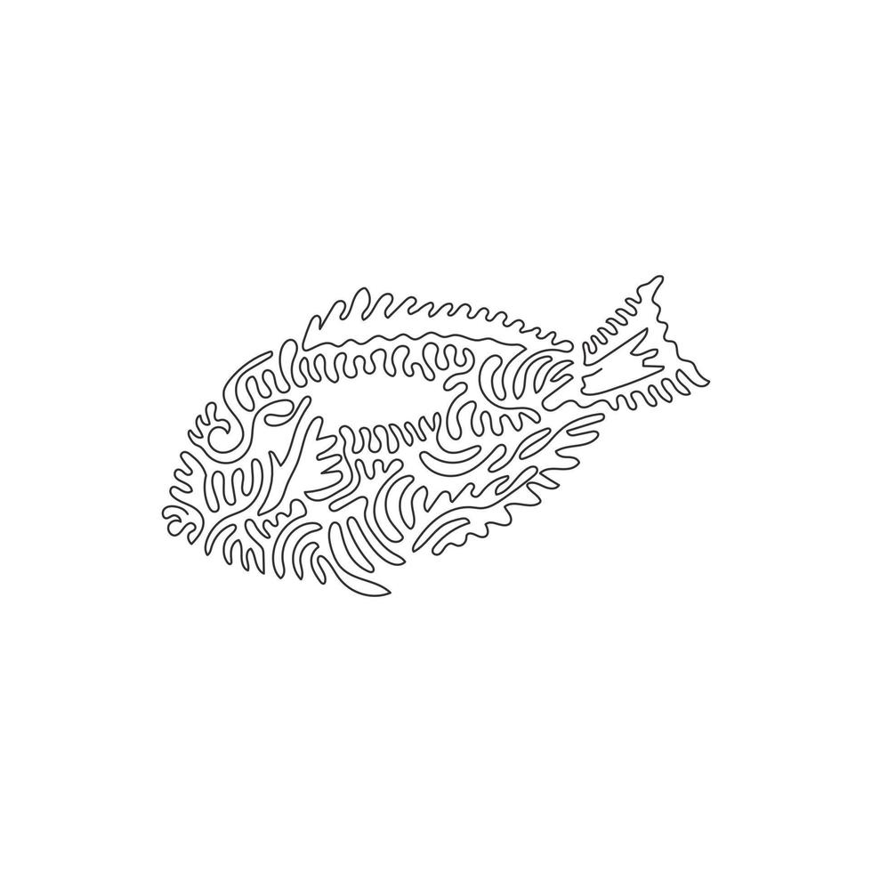 Single curly one line drawing of cute blue fish abstract art. Continuous line draw graphic design vector illustration of blue tang has a flat shape for icon, symbol, company logo, poster wall decor