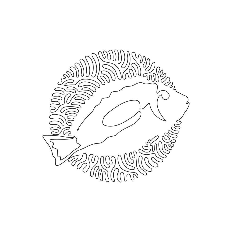 Continuous one line drawing of beautiful blue tang abstract art in circle. Single line editable vector illustration of adorable blue tang fish for logo, wall decor, poster