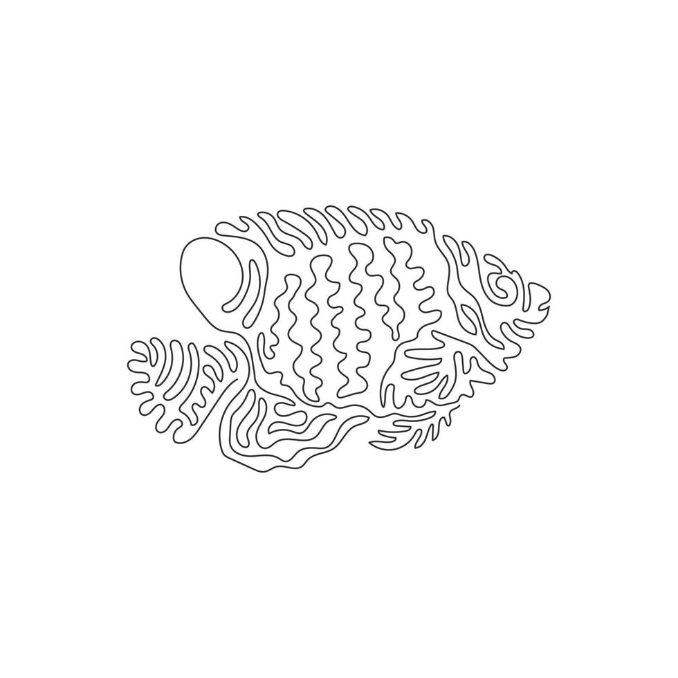 Single swirl continuous line drawing of cute royal angelfish abstract art. Continuous line draw graphic design vector illustration style of beautiful tropical marine angelfish for icon, wall decor