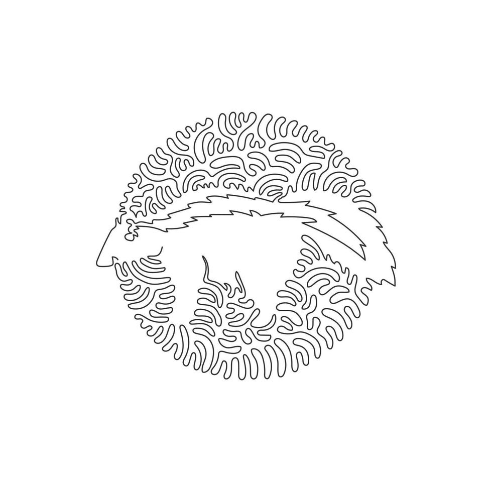 Continuous one curve line drawing of funny skunk abstract art in circle. Single line editable stroke vector illustration of typically docile animals for logo, wall decor and poster print decoration