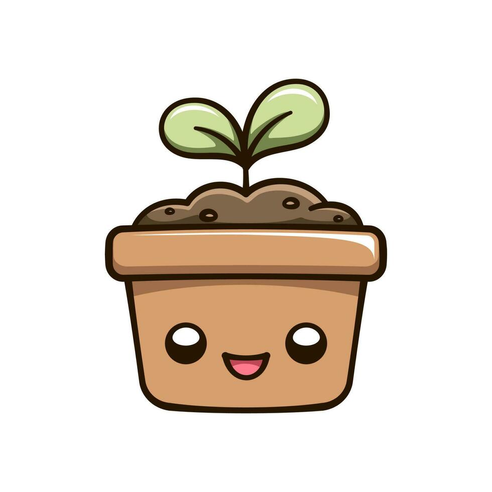 Kawaii seedling sprout in a flower pot cute cartoon illustration. Plant growth process cycle. Gardening farming agriculture clipart. vector