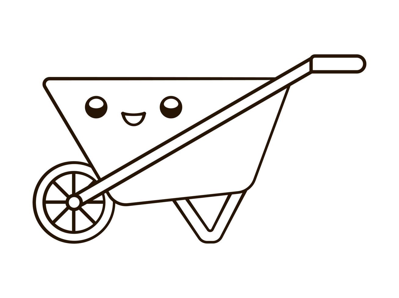 Empty steel wheelbarrow kawaii cartoon outline line art illustration. Gardening farming agriculture coloring book page activity worksheet for kids vector