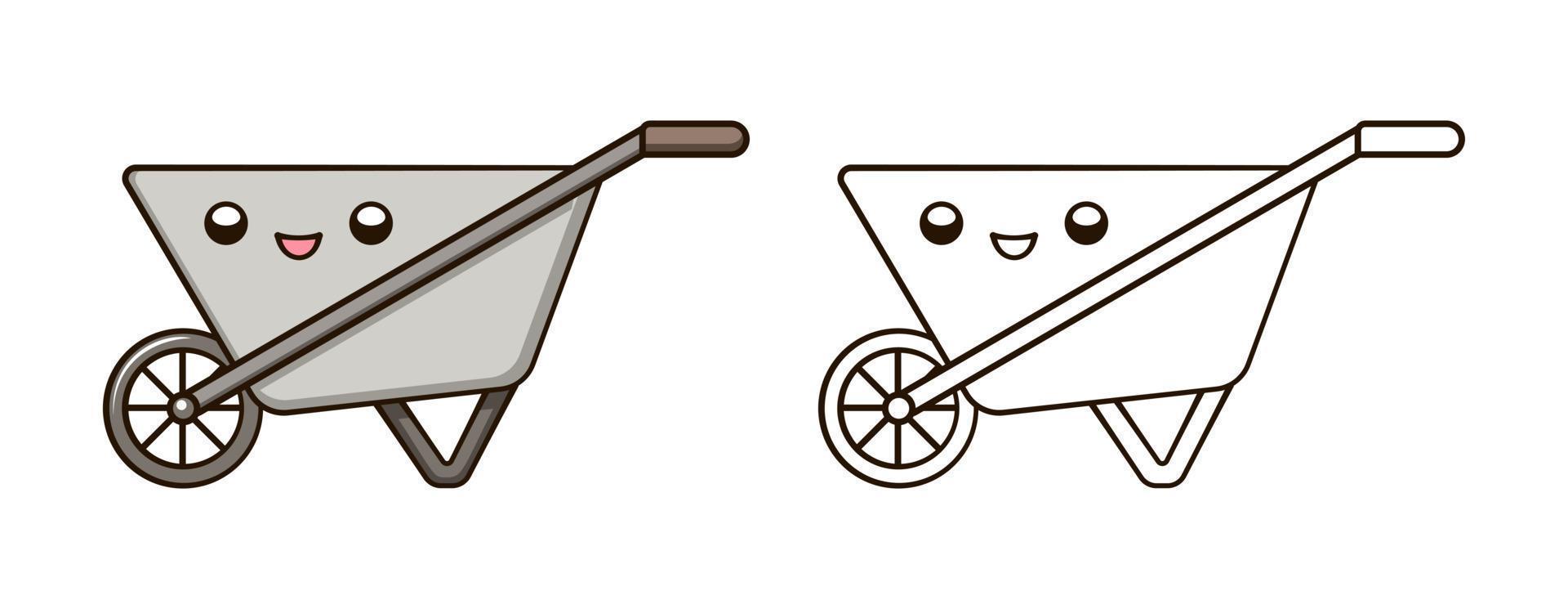 Empty steel wheelbarrow kawaii cartoon outline line art illustration. Gardening farming agriculture coloring book page activity worksheet for kids vector