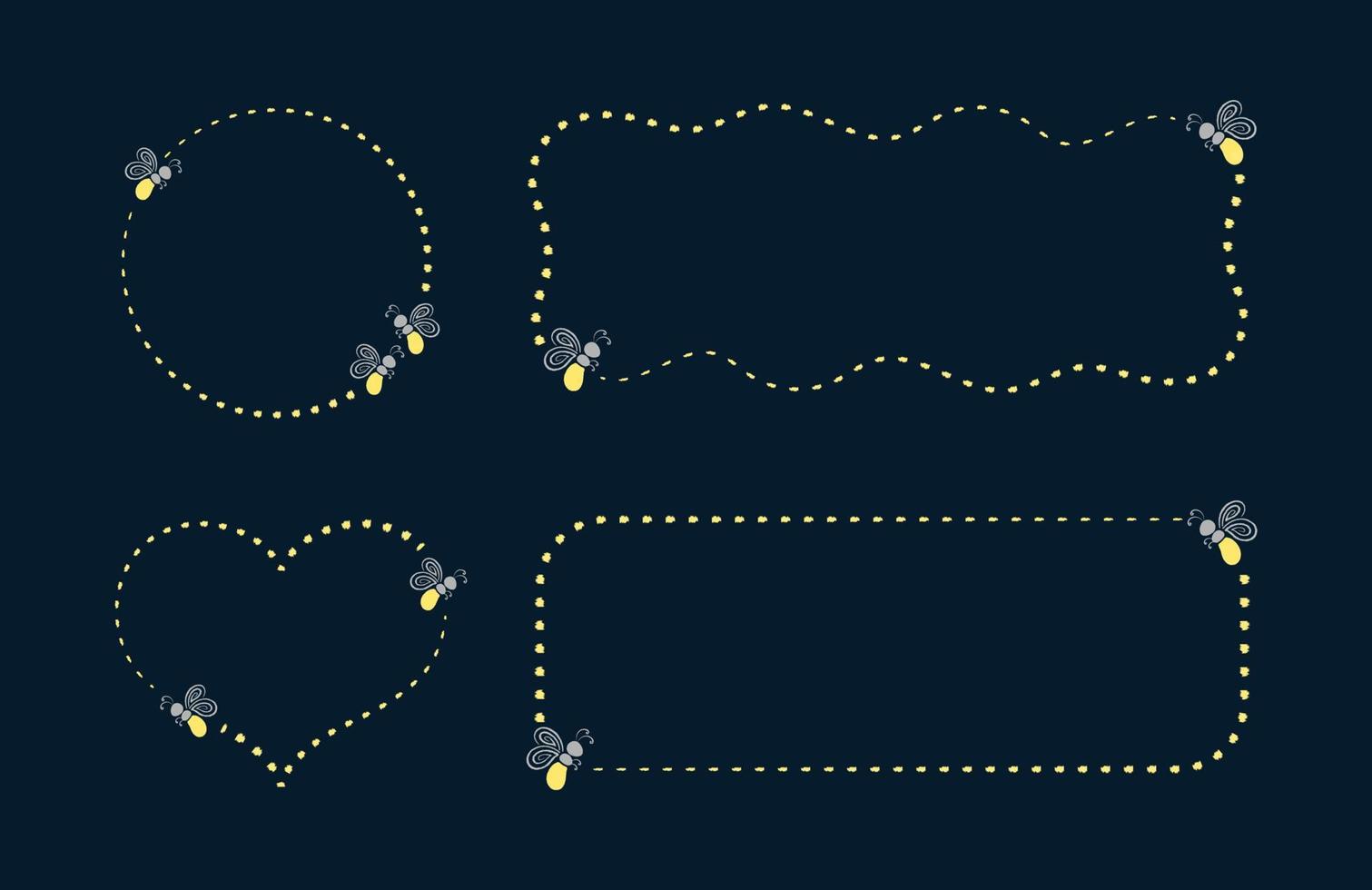 Glowing firefly frame clipart collection. Fireflies flying trail border template with copy space. vector