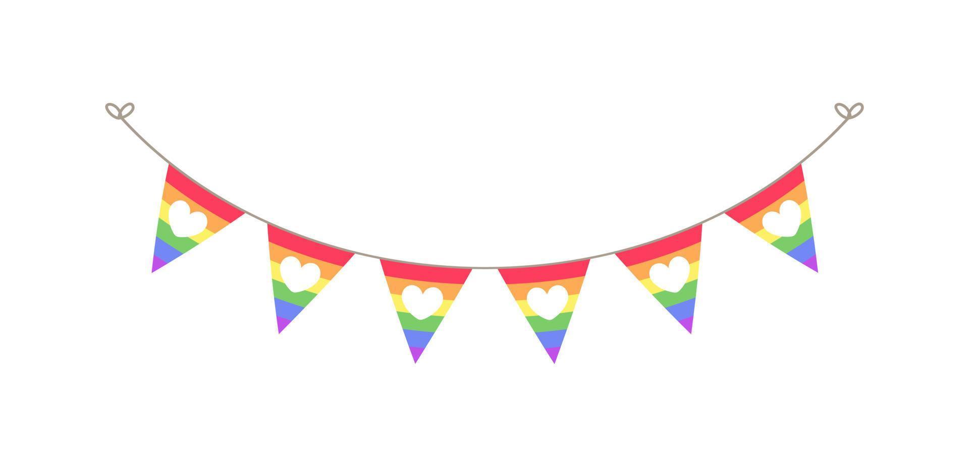 Rainbow flag with hearts pennant garland. Pride month bunting divider simple vector illustration clipart