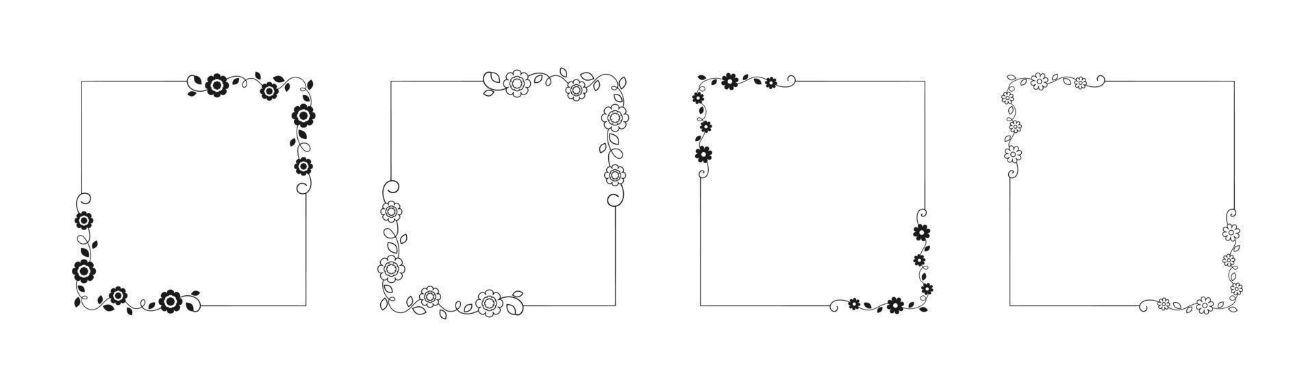 Botanical square frame set. Hand drawn line border, leaves and flowers, wedding invitation and cards, logo design and posters template. Elegant minimal style floral vector isolated