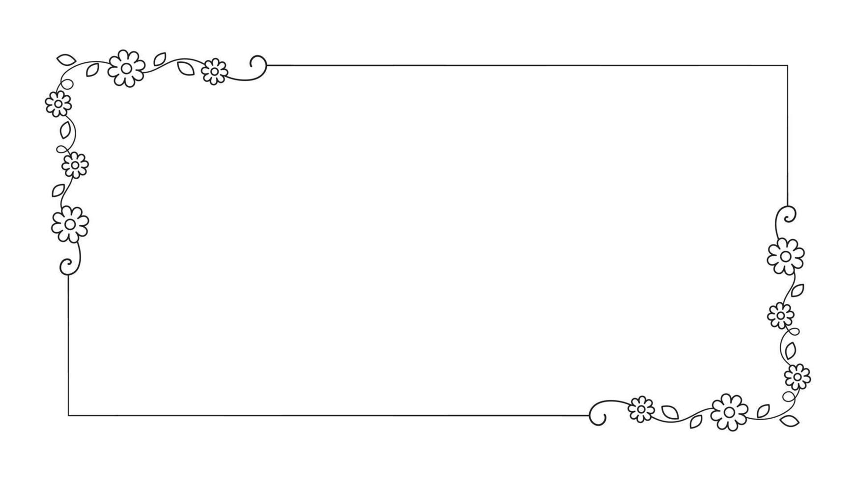 Floral rectangle frame. Hand drawn line border, leaves and flowers, wedding invitation and cards, logo design and posters template. Elegant minimal style floral vector isolated