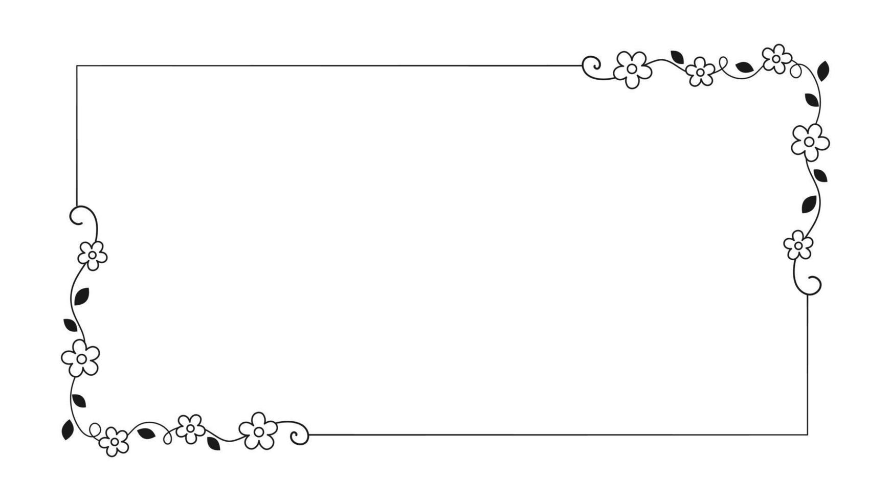 Floral rectangle frame. Hand drawn line border, leaves and flowers, wedding invitation and cards, logo design and posters template. Elegant minimal style floral vector isolated