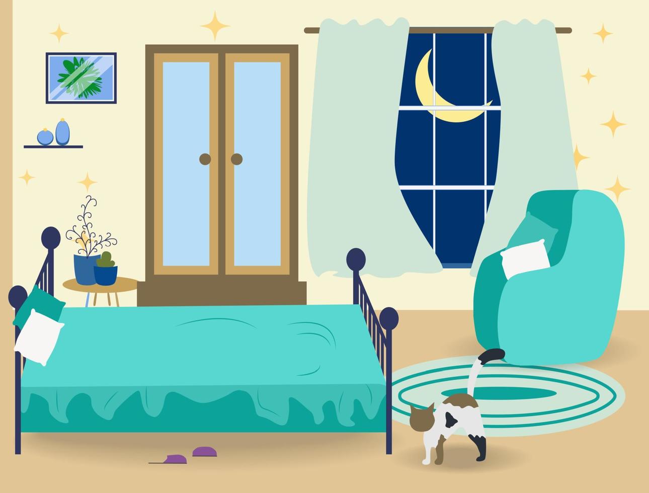 Bedroom with furniture and window. Wardrobe with clothes and mirror. Flat style illustration. vector