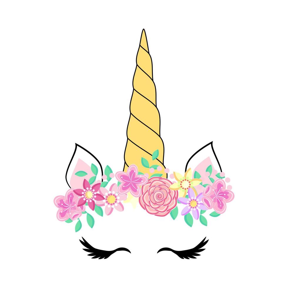 Cute unicorn face. Funny character with rose flowers. Card and shirt print design. Colorful vector