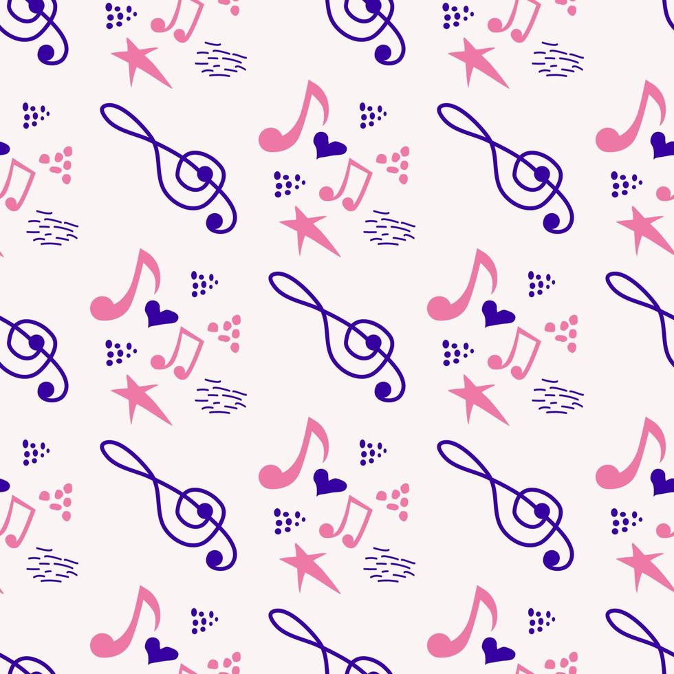 Love music seamless pattern with country guitar, music notes, treble clef, hearts, decorative elements. vector