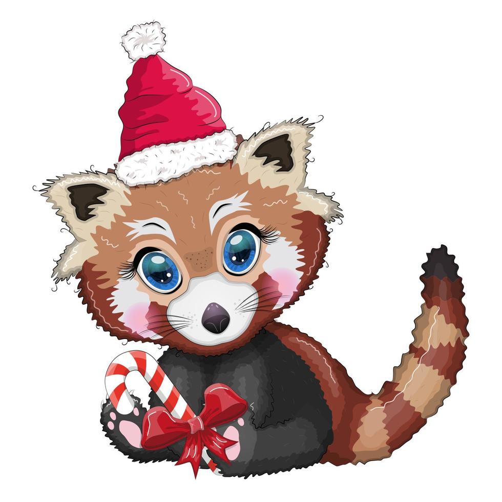 rojo panda con caramelo Kane, linda personaje, nuevo año y Navidad saludo tarjeta, raro animales vector