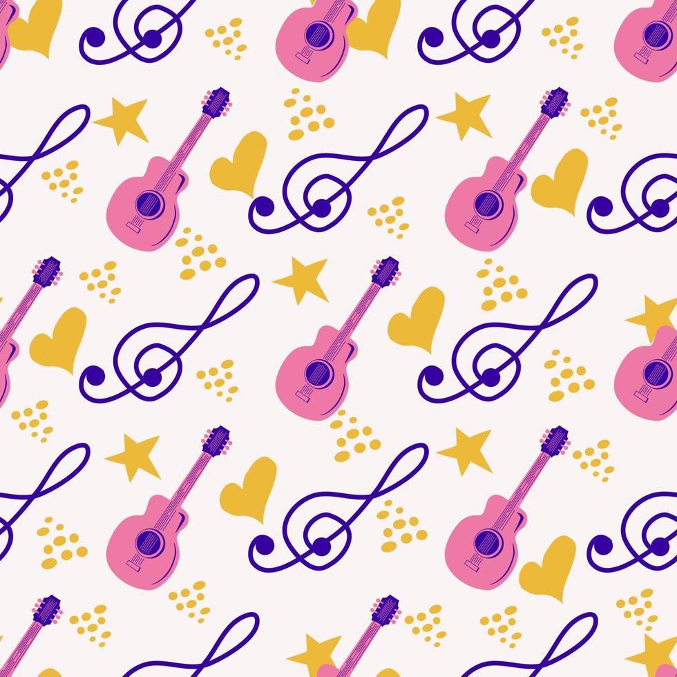 Love music seamless pattern with country guitar, music notes, treble clef, hearts, decorative elements. vector