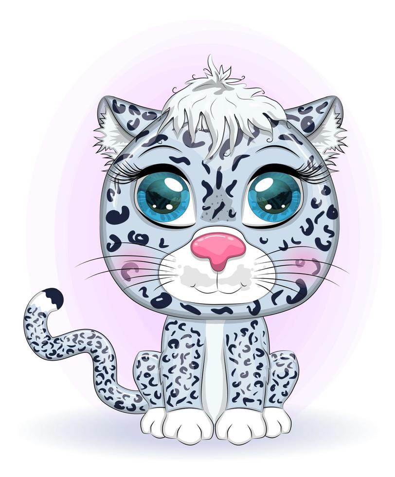 Cartoon snow leopard with expressive eyes. Wild animals, character, childish cute style. vector