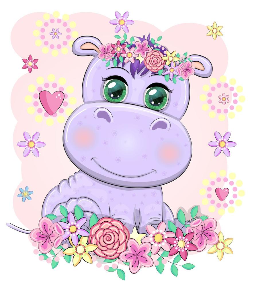 Cute hippo cartoon with beautiful eyes among flowers, hearts. print t-shirts, baby clothes fashion design, baby shower invitation card. vector