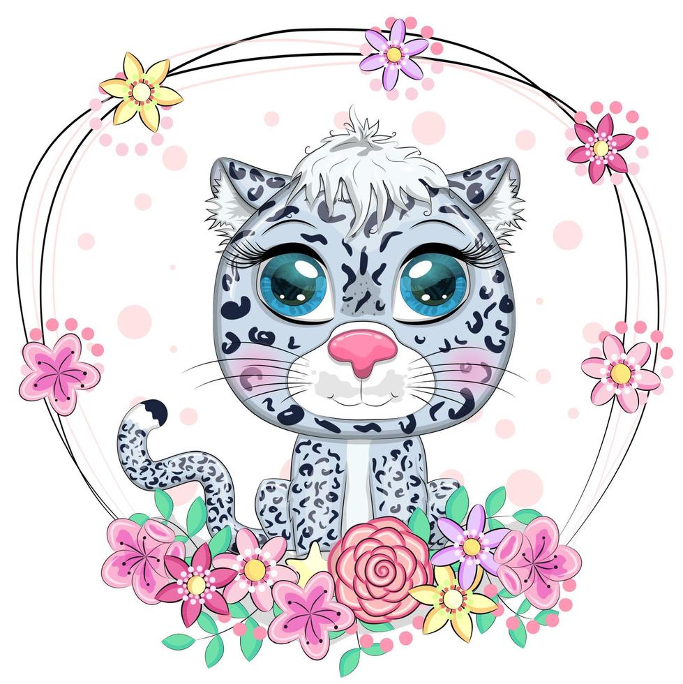 dibujos animados nieve leopardo con expresivo ojos. salvaje animales, personaje, infantil linda estilo. vector