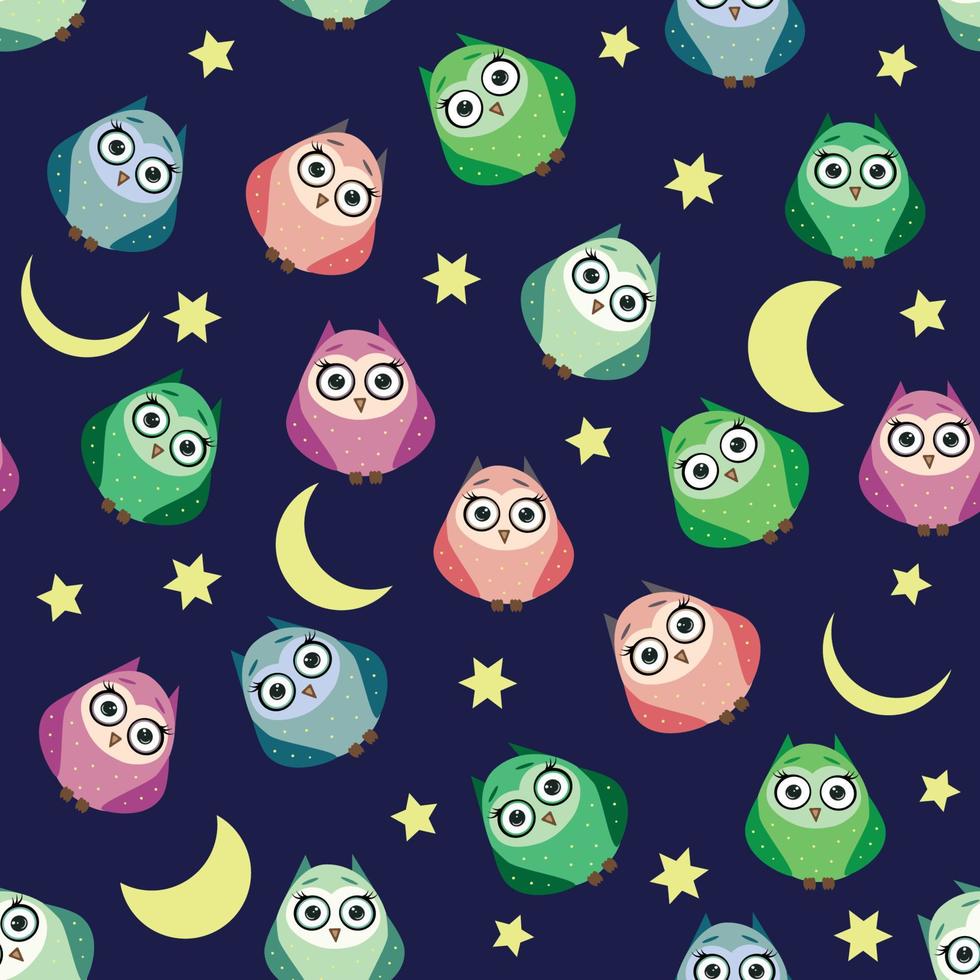 Cute multicolored owls at night with stars, clouds and moon. Seamless pattern in cartoon style, childish seamless pattern, newborn. vector