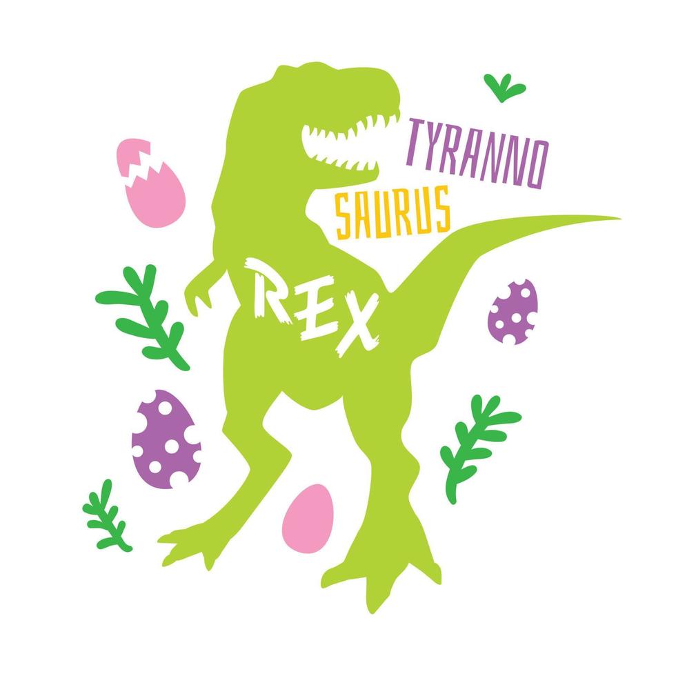 tirano saurio Rex. dinosaurio silueta aislado en blanco antecedentes. tiranosaurio rex un hermosa combinación de verde y púrpura. impresión para para niños ropa. para niños habitación decoración, para niños póster. vector