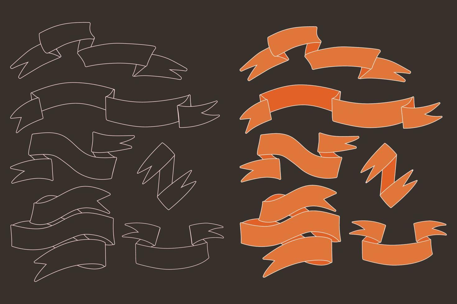 Ribbon set. Orange ribbons with light strokes. Outline ribbons. Vintage ribbons vector