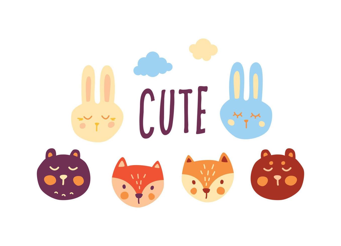 Cute animal faces set vector