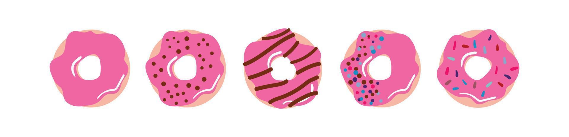 Donuts in pink glaze, decorated with sprinkles and chocolate vector