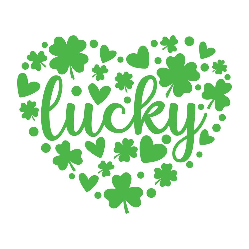 Clover and green hearts form a big heart shape around the inscription LUCK. Perfect for congratulations on St. Patrick's Day. vector