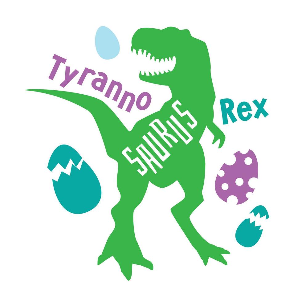T-Rex. Dinosaur silhouette isolated on white background. Tyronosaurus rex. A beautiful combination of green and purple. Print for children's clothing. Children's room decoration, children's poster. vector