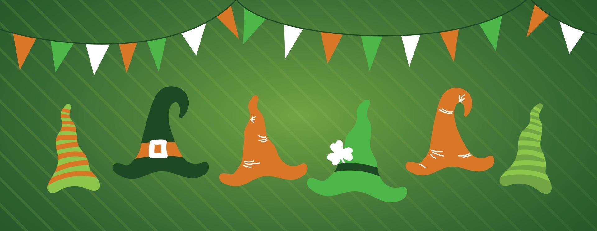 Cute caps and leprechaun hats under flags with colors of the Irish flag for celebrating St Patrick's Day vector
